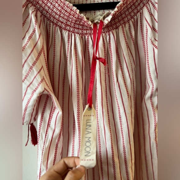 Luna Moon Off-Shoulder Red-White Embroidered Flowers and Tassel Mini Dress - Picture 10 of 12